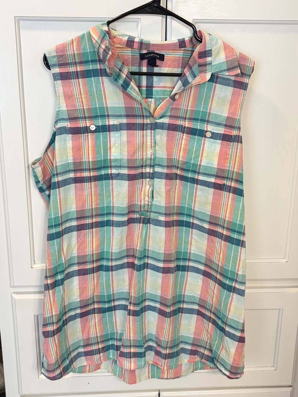 Lands' End Womens XL 18-20 Sleeveless Plaid Cotton Tunic Top Pastel Coastal